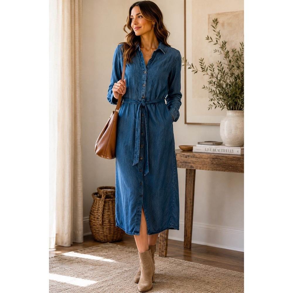 Velvet Heart Indigo Denim Button-Front Midi Shirt Dress